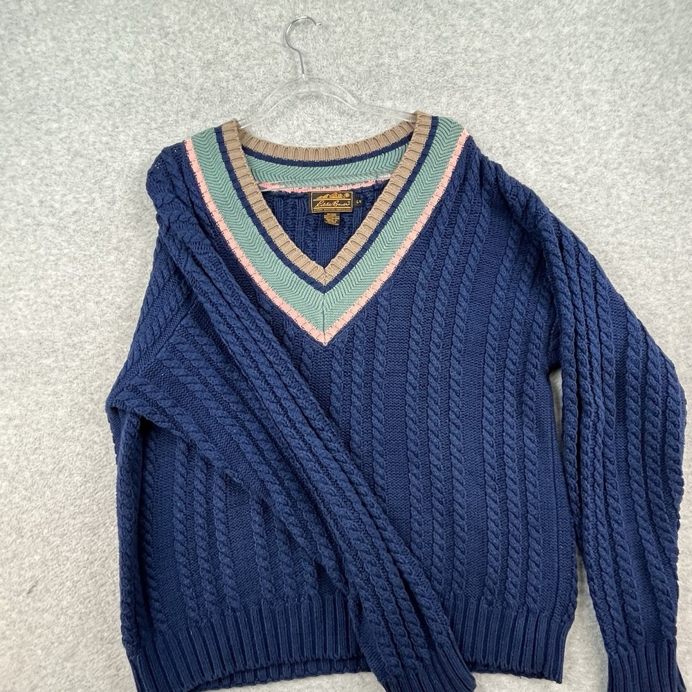 Vintage Eddie Bauer Sweater Mens L Blue Cable Knit Chunky V-Neck Tennis Cricket - Picture 4 of 9